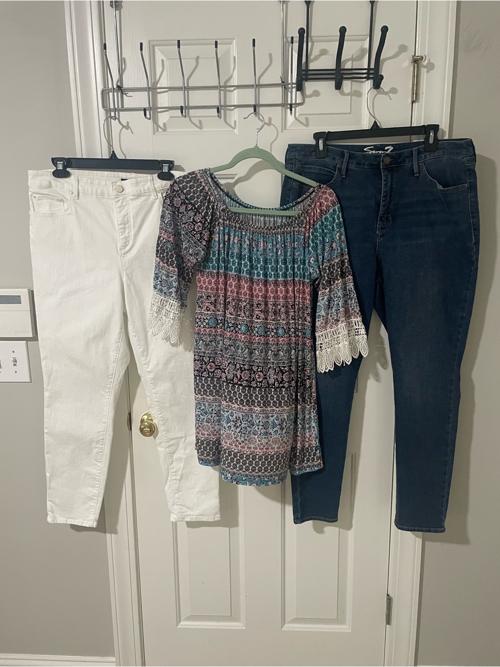 Off-Shoulder Peasant Top in Teal, Pink & Black xl seven and Ann Taylor 14 jeans